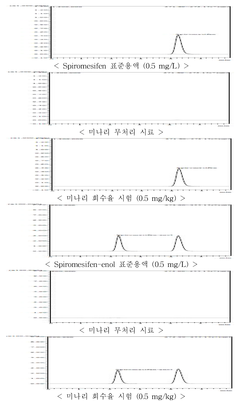 미나리 중 Spiromesifen, spirpmesifen-enol의 LC-MS/MS 회수율 크로마토그램