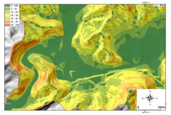봉화 닭실마을 일대의 경사도 분포