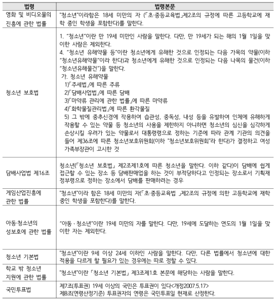 법령에 따른 청소년 정의