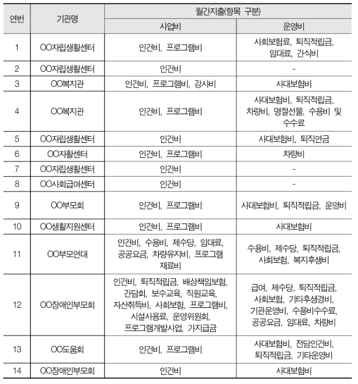 시범사업 월간 지출 항목