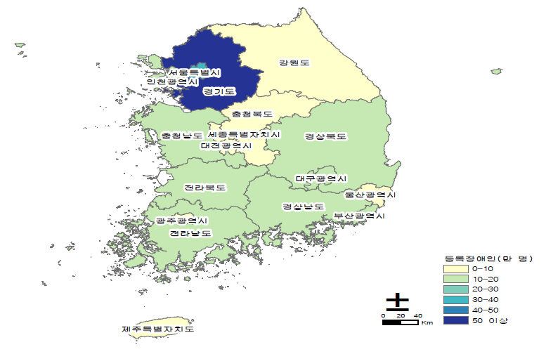 전국 등록장애인 분포도