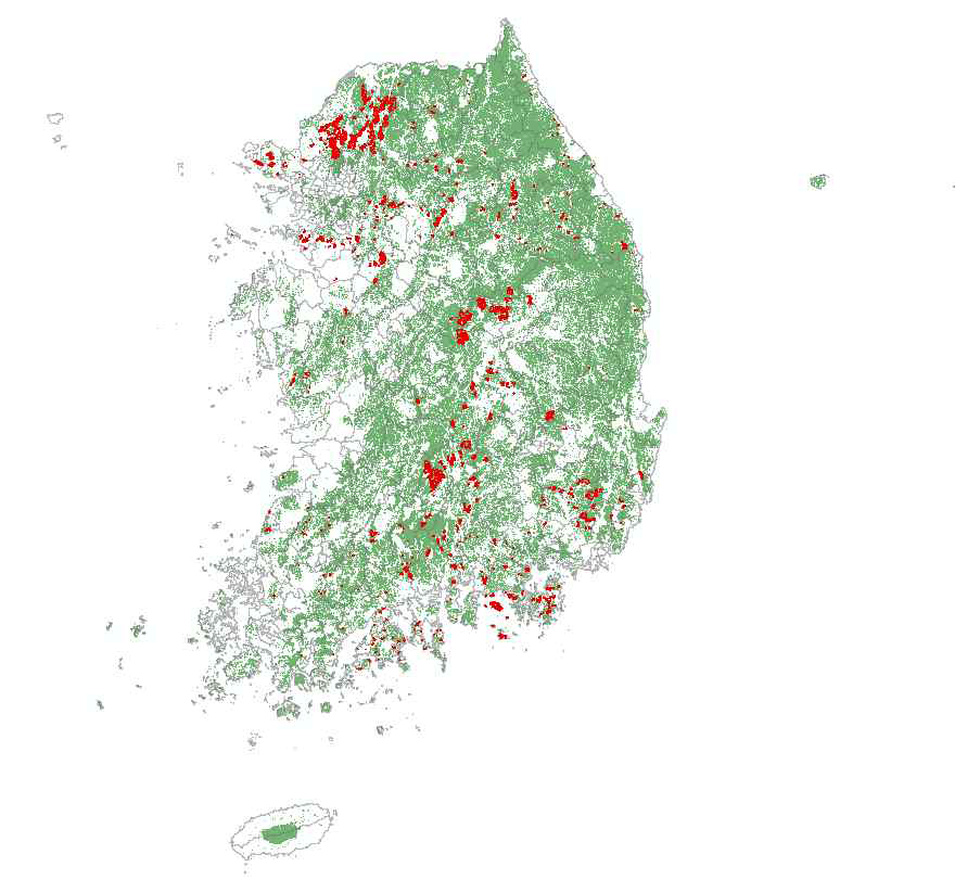 전국 토석채취제한지역 분포 현황 출처 : 산지정보시스템