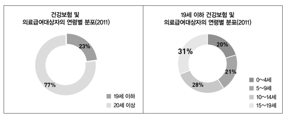 19세 이하 건강보험 및 의료급여대상자의 연령별 분포 (출처 : 2011년 국민보건의료실태조사)