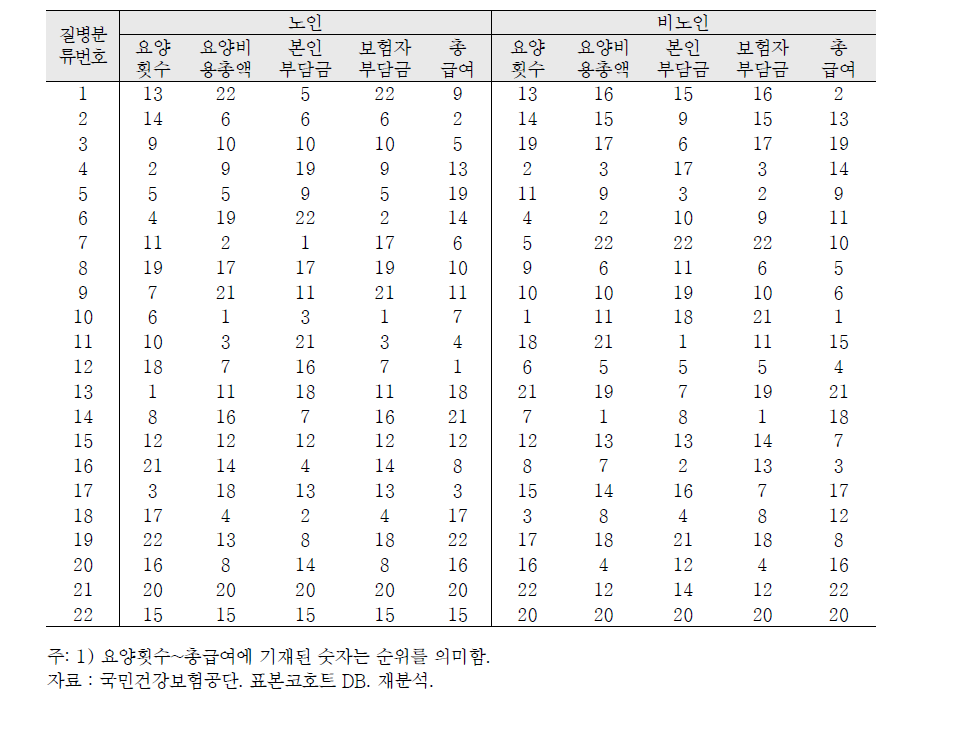 2013년 기준 요양급여지출 상위 10% 집단의 다빈도 상병순위: 노인-비노인 비교