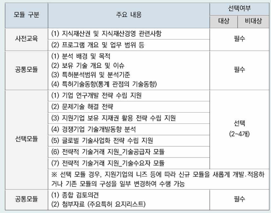 주요 컨설팅 지원 모듈표(수요자 맞춤형 특허맵)