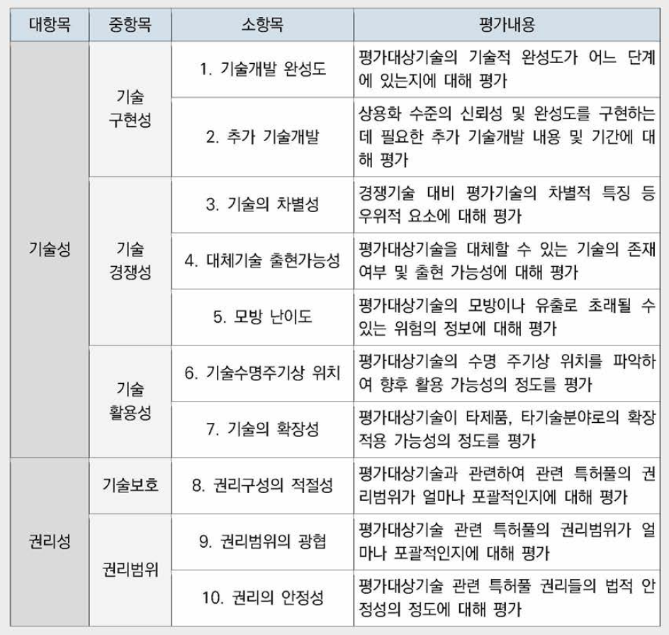 사업타당성 평가를 위한 기술성/권리성 평가항목의 구성