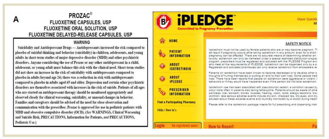 Examples of safety action and risk communication; (A) boxed warning of Prozac [www.accessdata.fda.gov] and the (B) iPLEDGE program [www.ipledgeprogram.com]