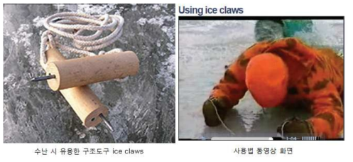 구조도구(ice claws) 및 사용법 동영상 화면 [출처] 미네소타 주 천연자원부 홈페이지, http://www.dnr.state.mn.us/safety/ice/claws.html