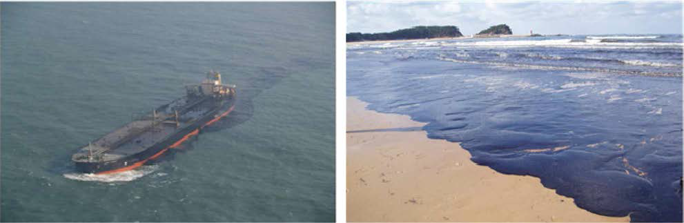 좌초된 Hebei Spirit호 (좌)，해안가에 밀려든 기름 층 (우) (국토해양부，2008))