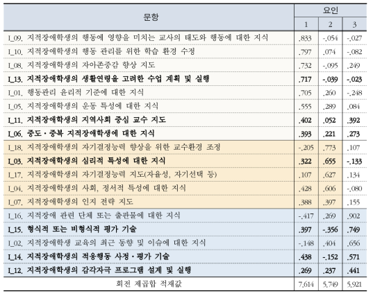 특수교사의 지적장애 교수 능력 문항에 대한 문항과 요인에 대한 패턴 행렬표