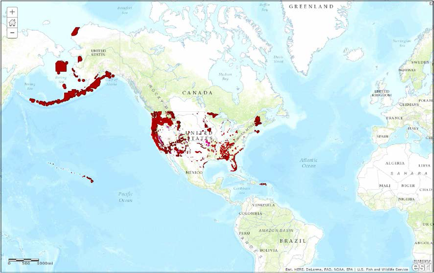 미국 연방 지정 Critical Habitat 전체 위치도 ※ 출처: http：//fws.maps.arcgis.com/home/webmap/viewer.html?webmap=9d8de5e 265ad4fe09893cf75b8dbfb77
