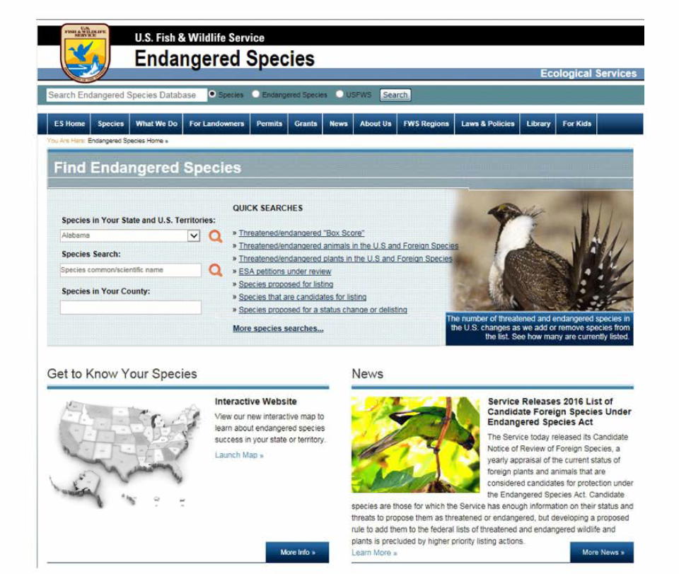 미국 USFWS 멸종위기종 웹서비스