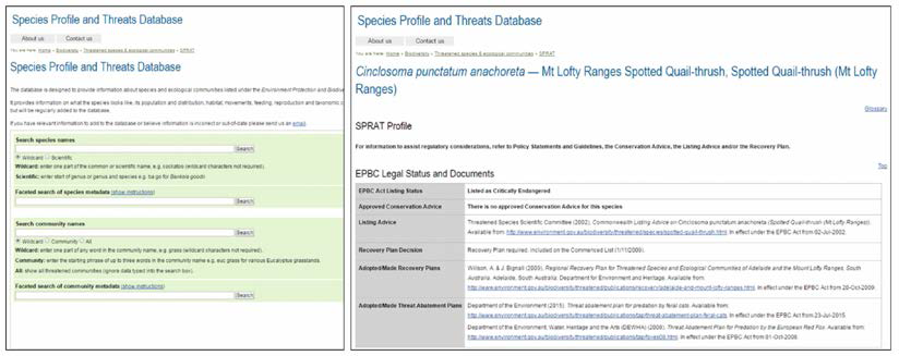 호주 환경부 멸종위기종 종정보 데이터베이스 SPRAT