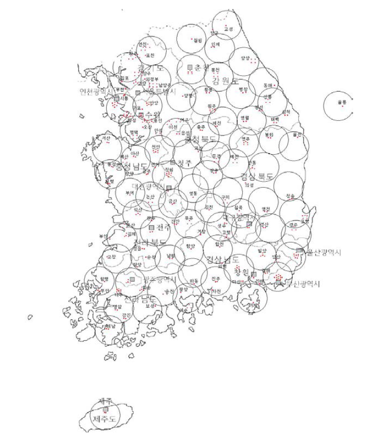 순환골재 공급업체 분포 현황(40km)