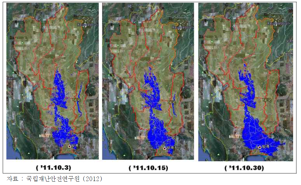 2011년 태국 대홍수시 날짜별 침수범위 확산 과정