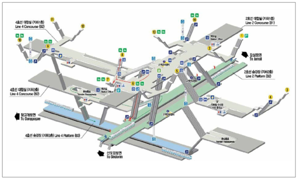 지하상가와 연계된 지하철 역(강남역) 구조도