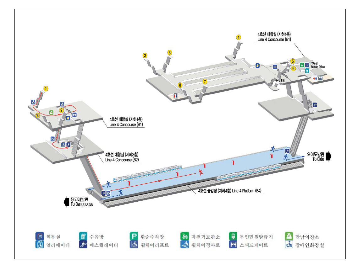 단순 지하철 역 (명동역) 구조도