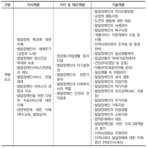 발달장애인분야 직무수행에 필요한 핵심역량과 요소