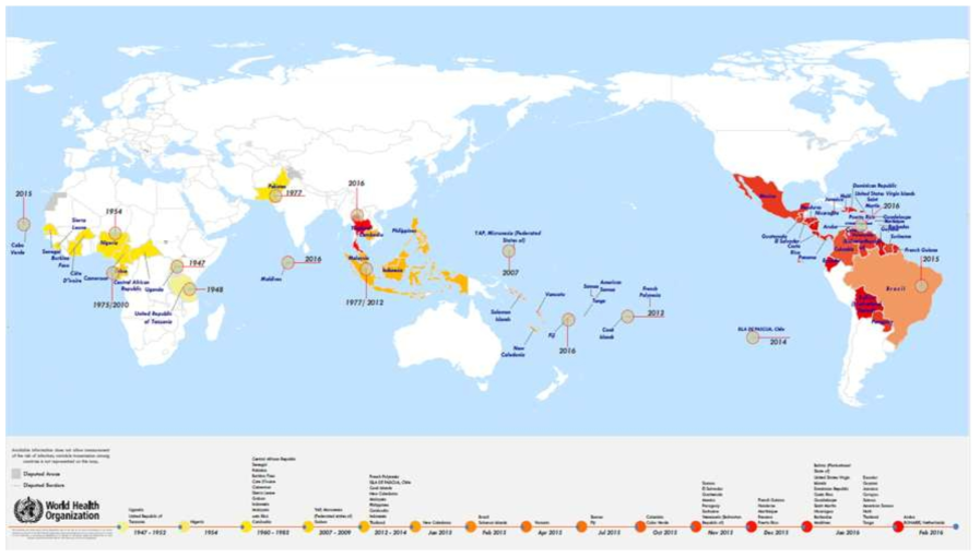 지카바이러스가 발병했던 지역들 (1947-2016)