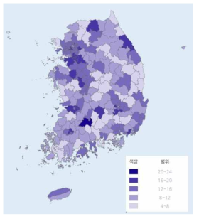 시‧군‧구별 치아홈메우기 수혜율의 지리적 분포(2015년)