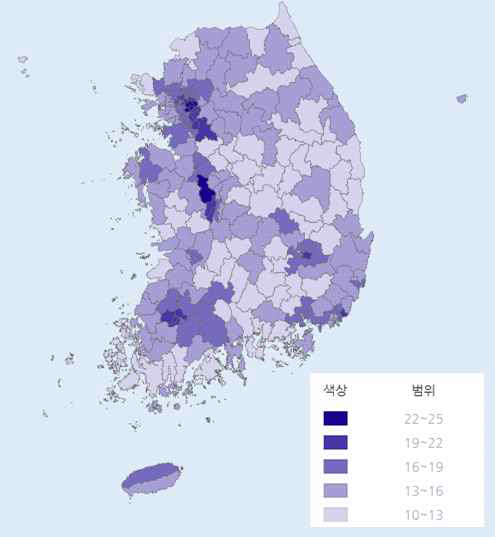 시‧군‧구별 스케일링(전악 치석제거) 수혜율의 지리적 분포(2015년)