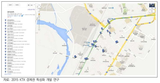 광주송정역 주변 버스정류장 위치 및 운행노선 지도(예시)
