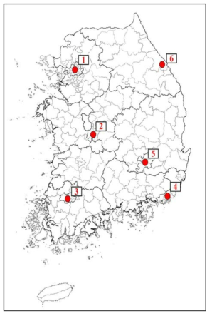 가상지진 진앙지 위치(출처: 국민안전처. 지진재해로 인한 사회 경제적 피해예측 모델 개발)