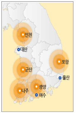 한국석유화학단지 위치 - 2015년 3월 기준