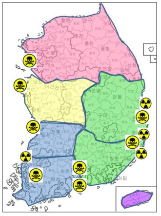재난대응의료체계 광역 구분 제안과 원자력발전소, 석유화학단지 위치표시