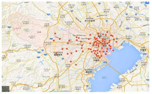 일본 도쿄도 80개소 재난거점병원 위치