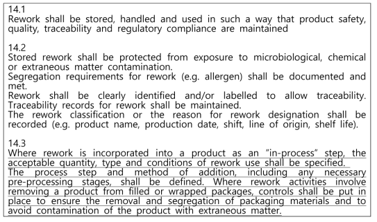 ISO 22000의 rework에 대한 규정