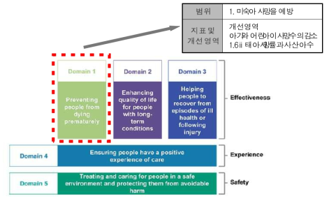 영국 NHS의 Outcomes Framework 자료: AIHI. Final Report: Performance indicators used internationally to report publicly on health care organisations and local health systems. University of New South Wales. October 2013. p.35. 발췌