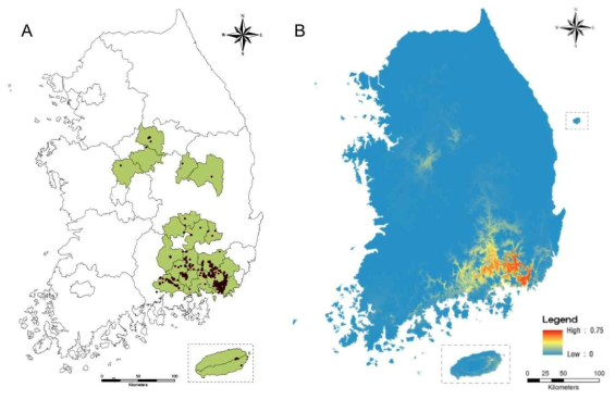 전국 뉴트리아 서식흔적 확인 지점(A) 및 기후, 수계 변수를 기반으로 MaxEnt예측모형에 의해 산출된 뉴트리아의 서식가능지역 분포확률(B)