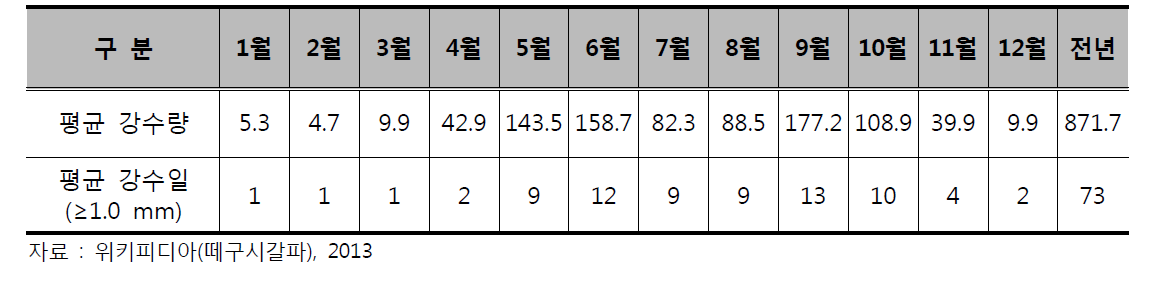 떼구시갈파 강수량 현황 (단위 : mm)