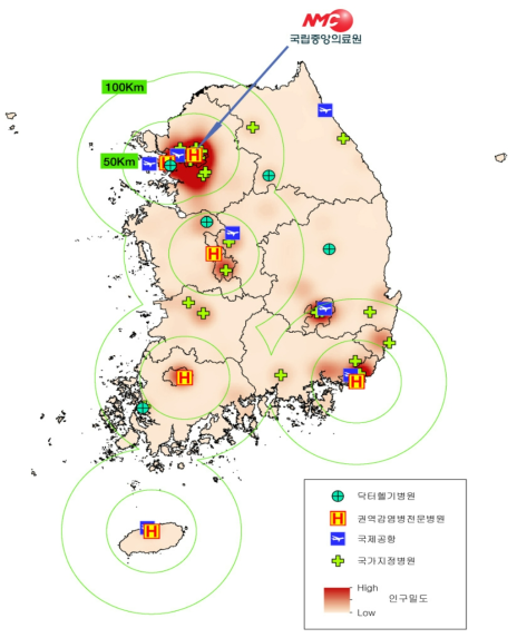 권역별 인구밀도와 감염병원의 위치(예)