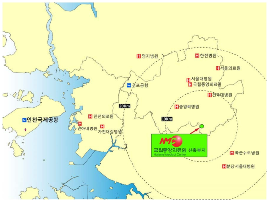 이전 예정 국립중앙의료원과 인근의 종합병원/대학병원과의 접근성