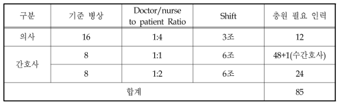 평상시 중환자병동 비용 산출에 반영된 의사 및 간호사 인력 기준