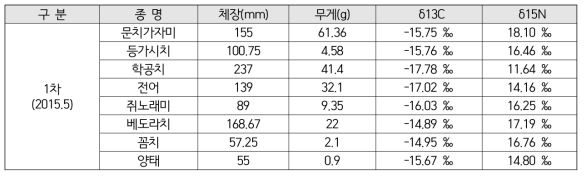 조사기간 채집된 해수종의 탄소 및 질소 안정동위원소비 평균값과 평균체장 및 평균무게