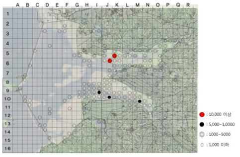 새만금 유역 일대의 전체 조류 분포도