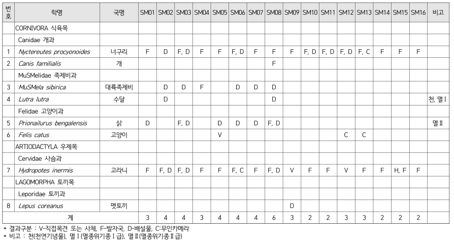 현지조사에서 확인된 포유류 목록