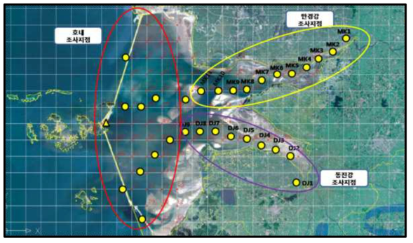 새만금호의 기초 수환경 현황 분석을 위한 격자 및 조사지점 (Δ: 호내 수직분포조사지점)