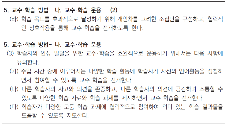 초·중학교 국어과 교육과정에서 인성교육과 관련된 교수·학습 방법 예시