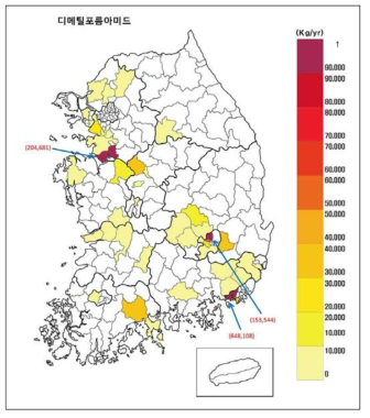 전국 배출업소 시·군·구별 배출량 현황(디메틸포름아미드)