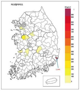 전국 배출업소 시·군·구별 배출량 현황(아크릴아미드)