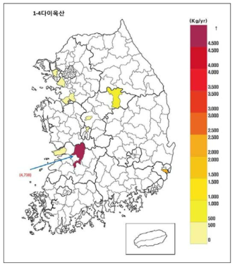 전국 배출업소 시·군·구별 배출량 현황(1,4-디옥산)
