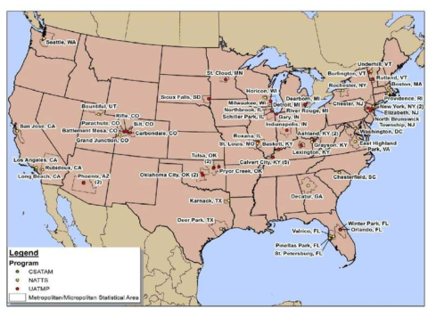 미국의 국가 모니터링 측정소 현황(UATMP, NATTS, CSATAM) *출처: National Monitoring Programs Annual Report, 2012