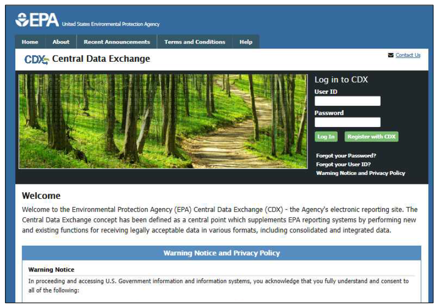 CDX 시스템 로그인 화면 (자료 : CDX https://cdx.epa.gov/)