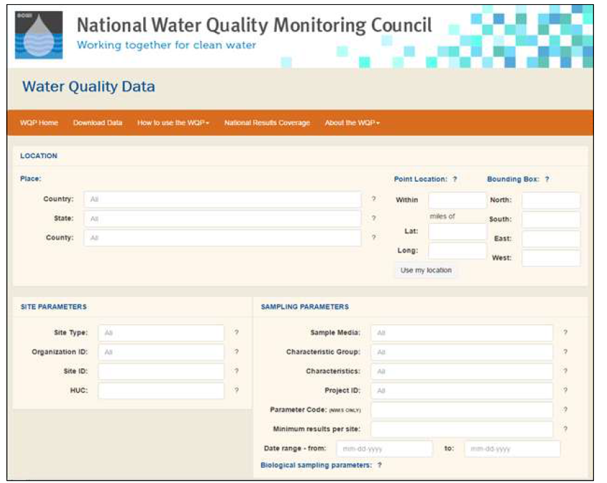 WQP 수질데이터 검색 화면 (자료 : WQP http://waterqualitydata.us/)