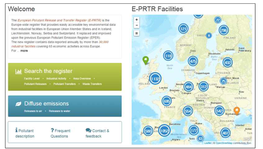 E-PRTR 메인 화면 (자료 : E-PRTR http://prtr.ec.europa.eu/)