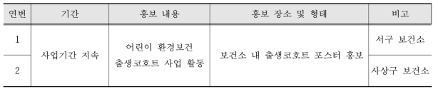 어린이 환경보건 출생코호트 사업 부산지역 홍보 실적